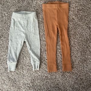Lightly Worn, Little Bipsy (gray) & Mebie Baby (burnt orange) leggings, 6-12.